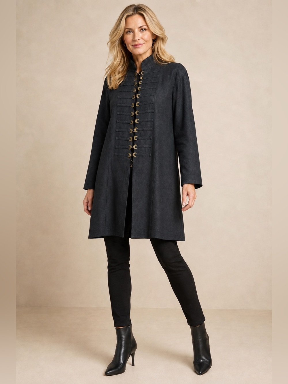 Soft Surroundings Ramie Black Military Jacket, Faux Button-Front Gold Coins, M